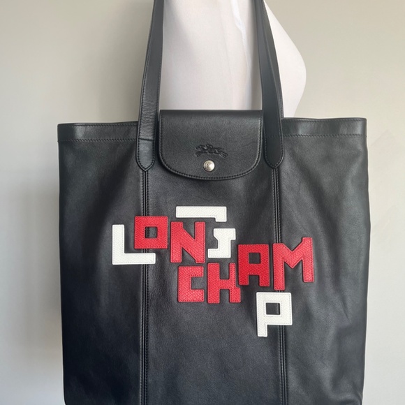 Longchamp Le Pliage Cuir LGP Graffiti Leather Tote Black Graphic Shoulder Bag - Picture 3 of 10